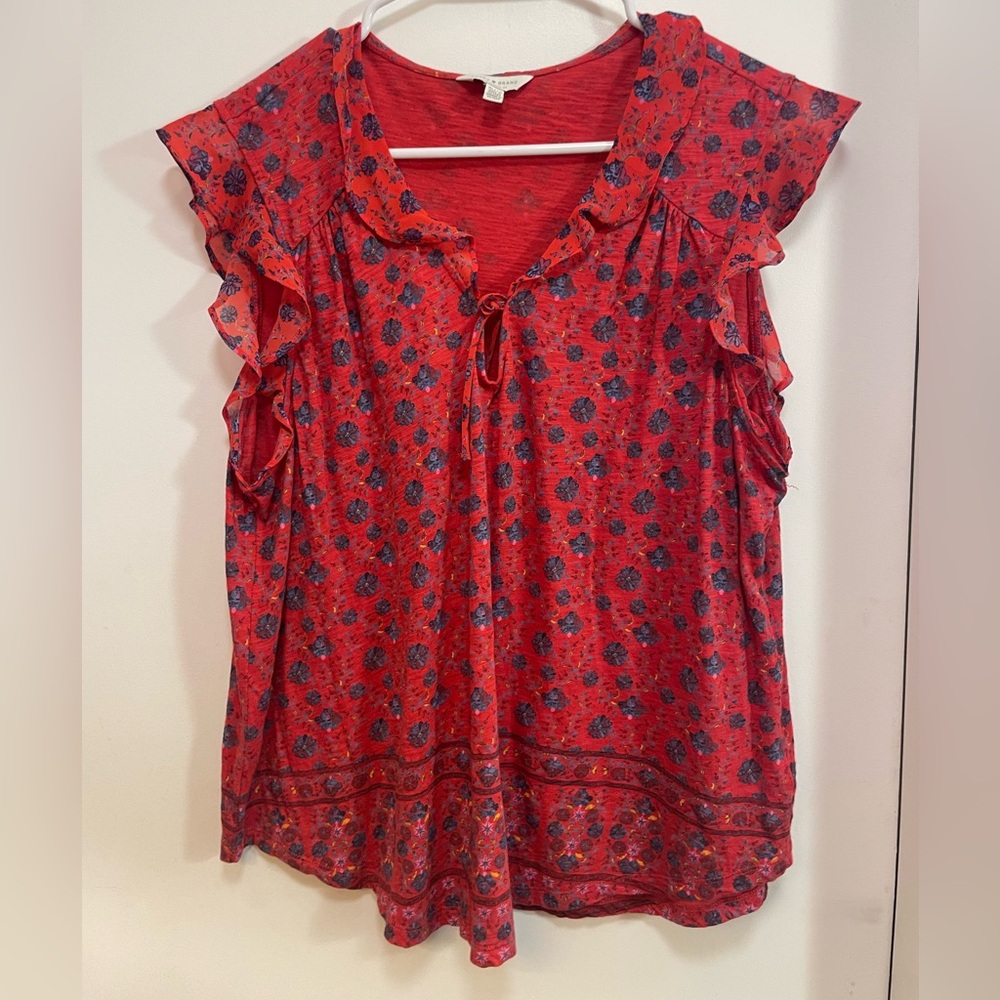 Lucky Brand Red Flutter Sleeve Blouse with Tie Front